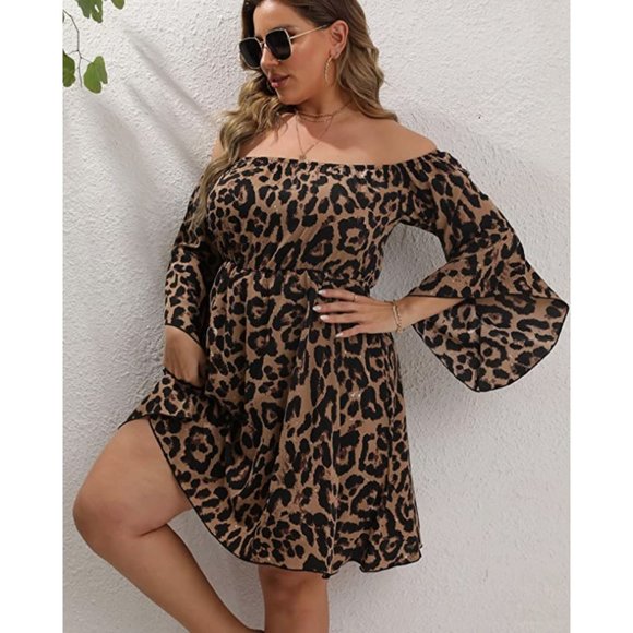 Plus Size Brown Cheetah Leopard Printed A-Line Long Flare Bell Sleeve Mini Dress - Picture 2 of 7